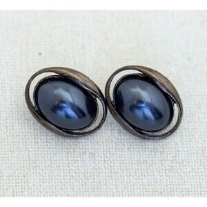Vintage Denim Blue Oval Faux Gem Stud Earrings - H1